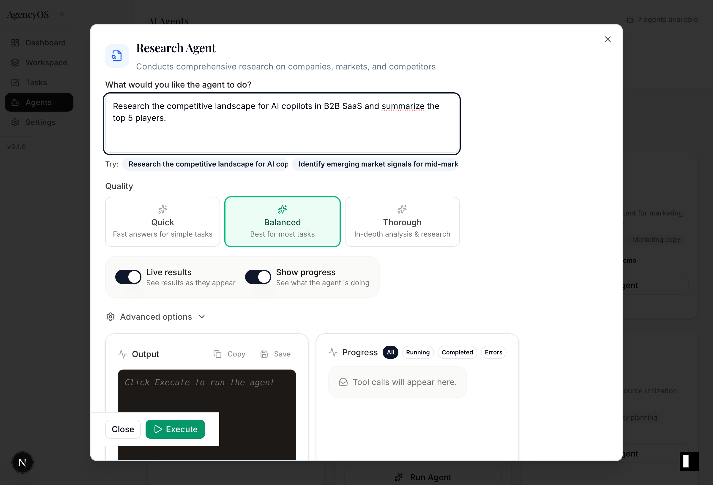 AI agent configuration interface with 7 prebuilt agents