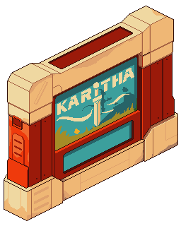 Isometric game cartridge design showcasing Karitha branding
