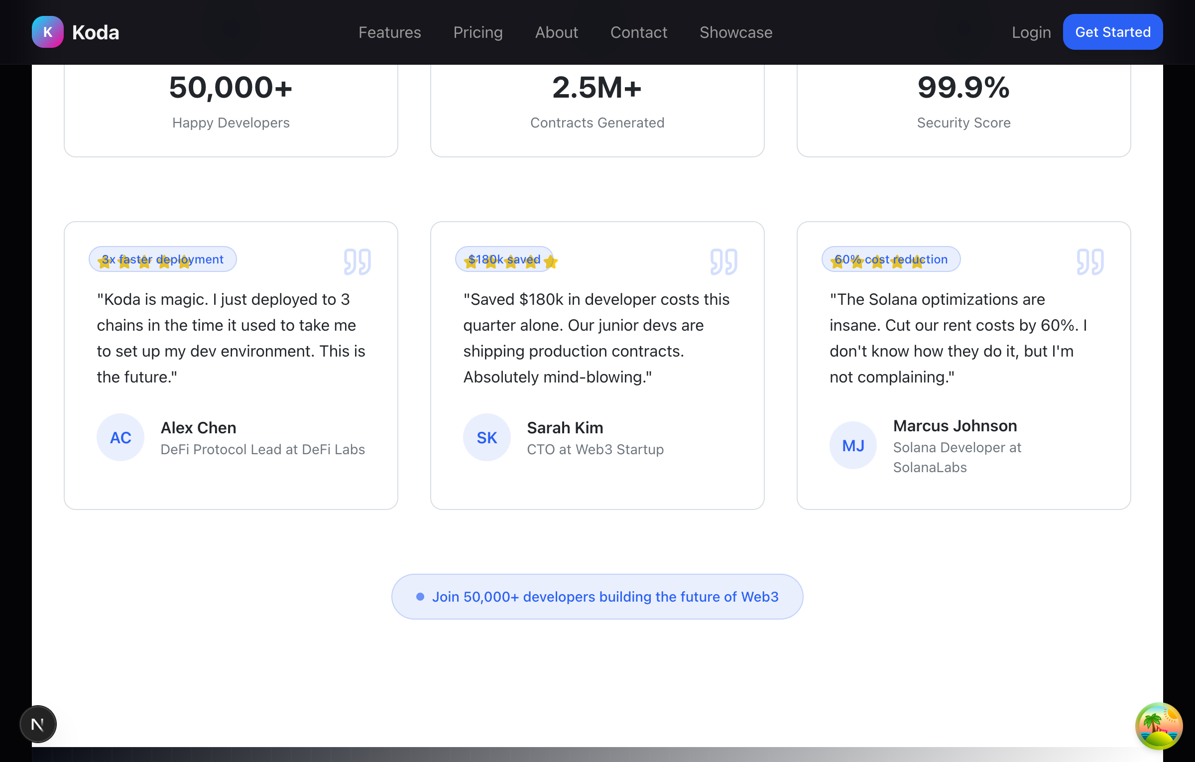 Individual testimonial cards with developer feedback