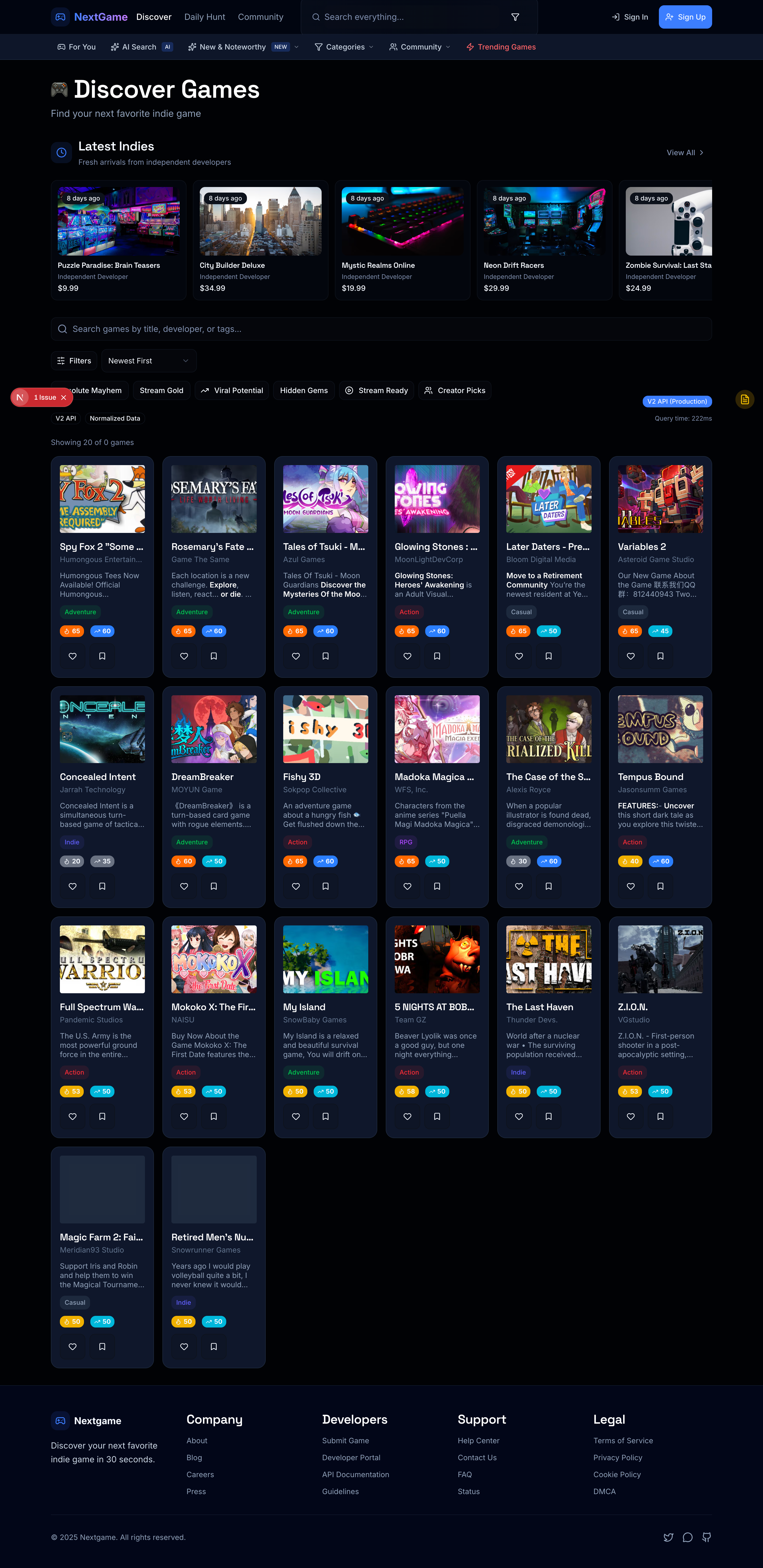 Game discovery interface with AI-powered recommendations and filtering