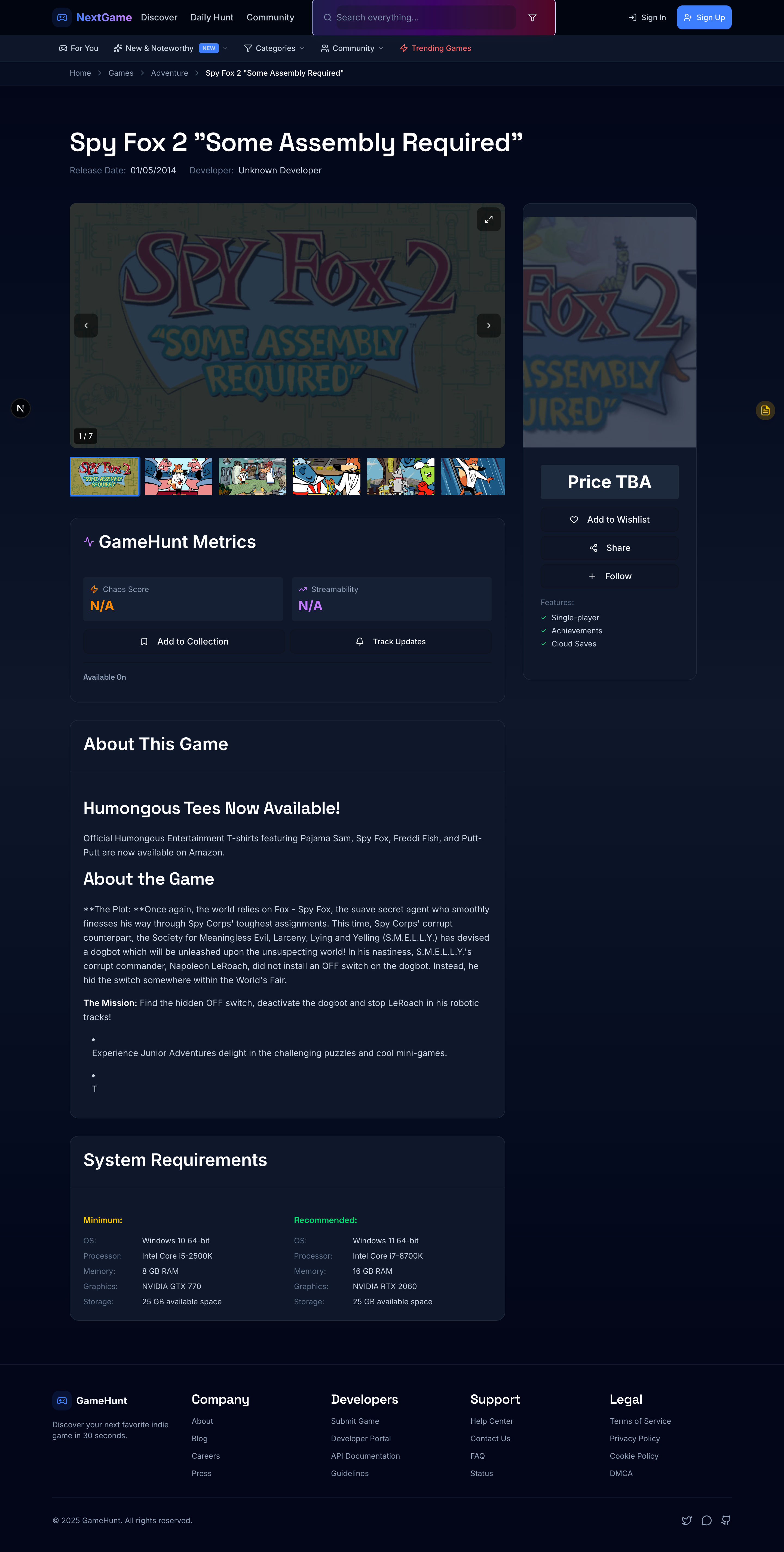 Detailed game page showing Spy Fox with screenshots, description and metadata