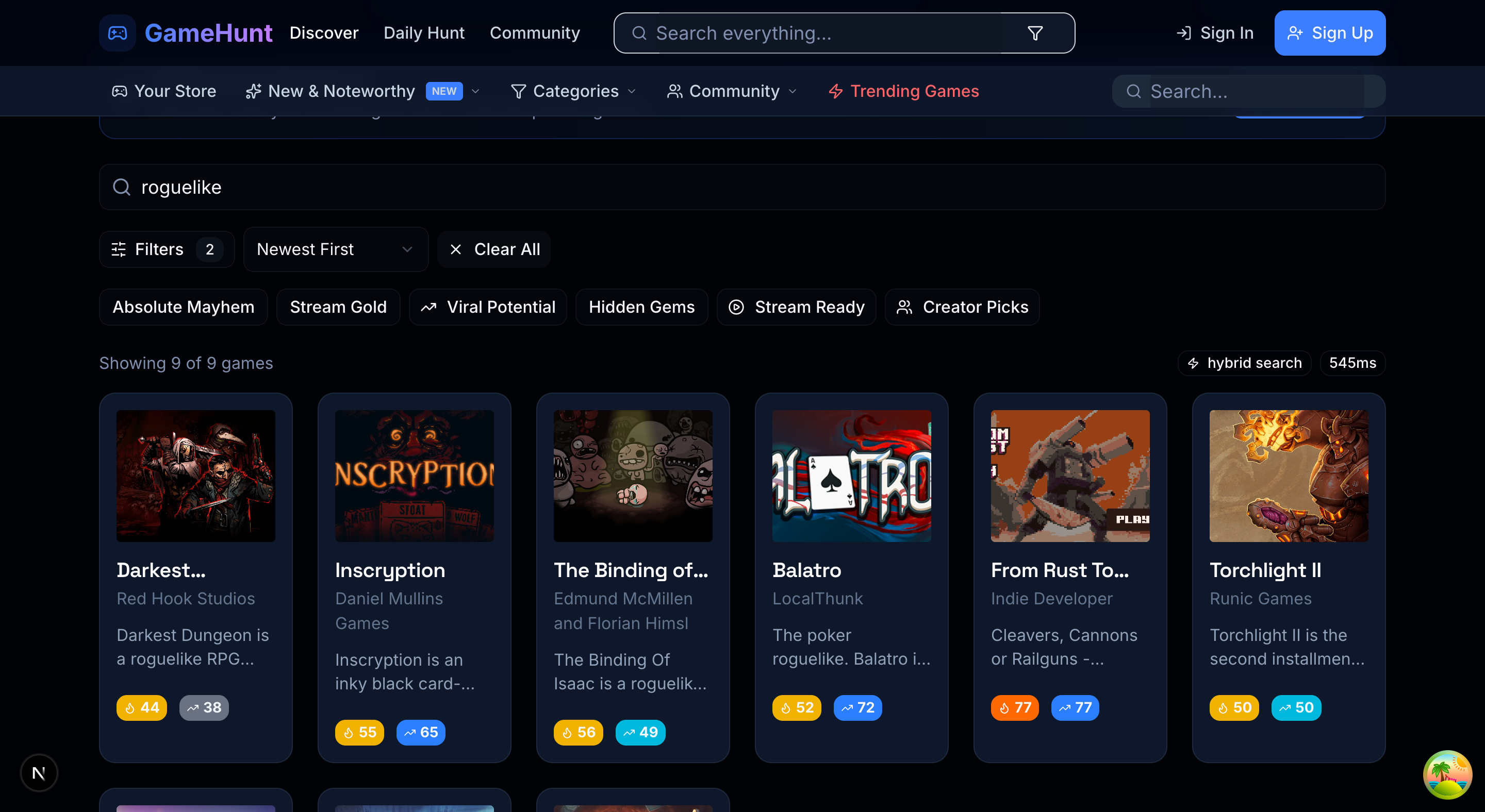 Search results page showing roguelike games with relevant filtering