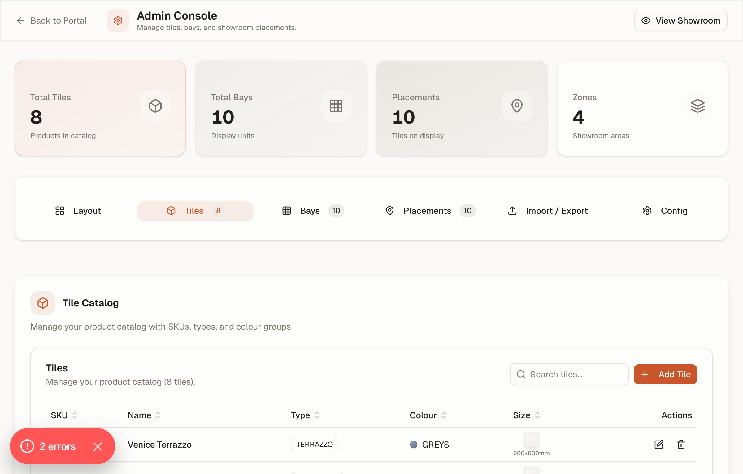 Tile management interface in admin console