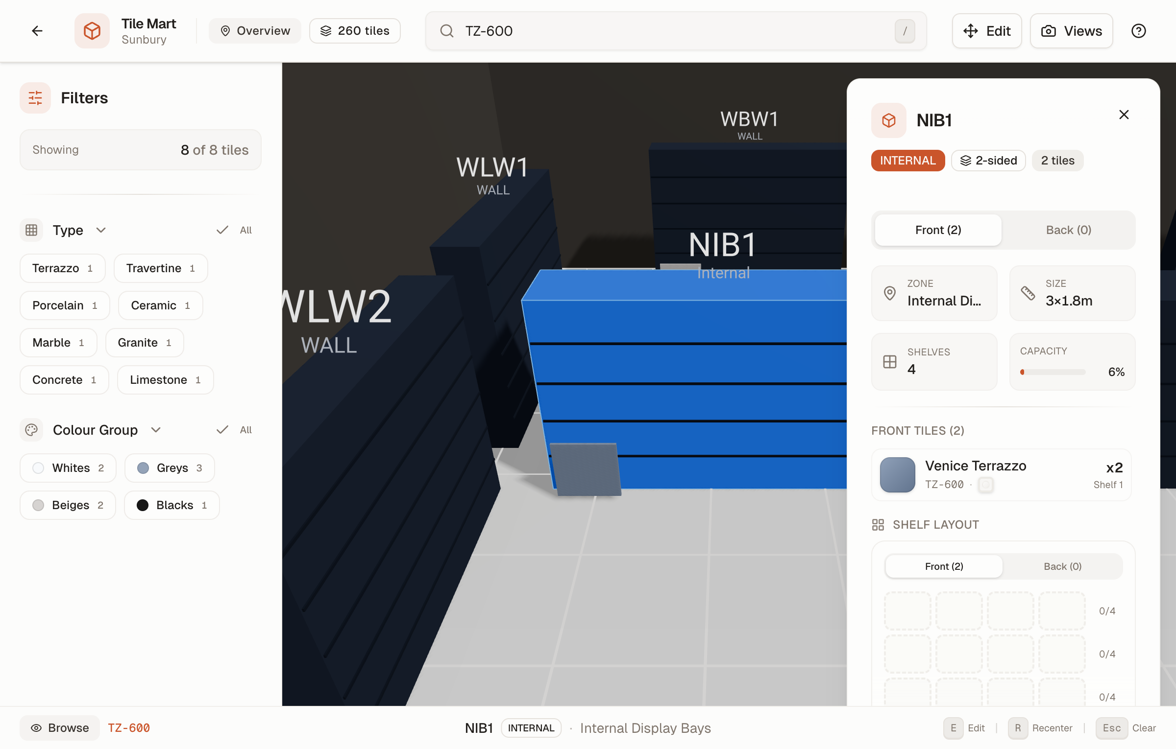 3D showroom environment with detailed tile information overlay